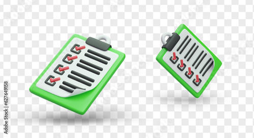 Green realistic clipboards with filled lists. Ready reports on work performed. Examination sheet, test. Questionnaire with answers. Isolated vector icons