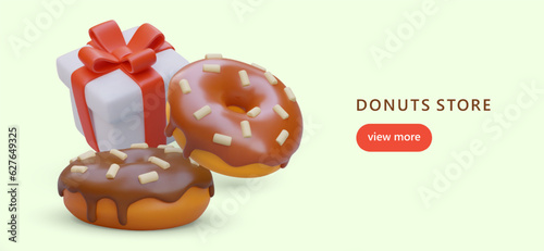Donuts shop. Realistic donuts with chocolate glaze and sprinkles. Gift box. Sweet street fast food. Portion desserts for holiday. Online advertising template