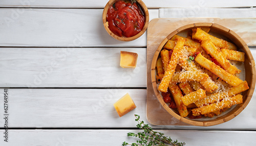garlic parmesan polenta fries with parmesan cheese, thyme and spices in a bamboo dish with tomato sauce on a white wooden table, flat lay, free space, italy cuisine
