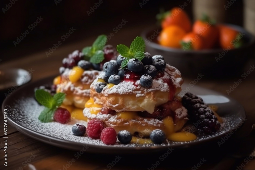 Hot pancakes with berries in powdered sugar. Breakfast. Generative AI. Hot pancakes with berries in powdered sugar. Breakfast. Generative AI.