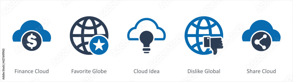 A set of 5 Internet icons as finance cloud, favorite globe, cloud idea A set of 5 Internet icons as finance cloud, favorite globe, cloud idea