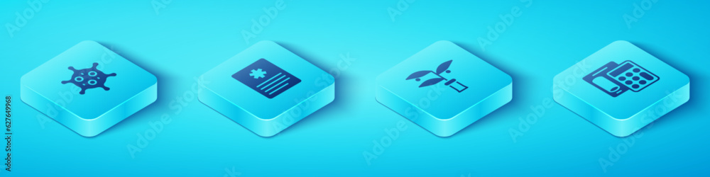 Set Isometric Virus, Patient record, Calculator and Plant breeding icon. Vector Set Isometric Virus, Patient record, Calculator and Plant breeding icon. Vector