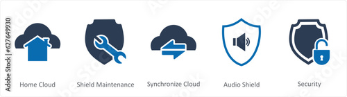 A set of 5 Internet icons as home cloud, shield maintenance, synchronize cloud
