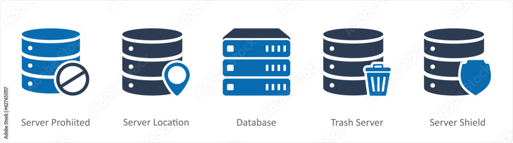 A set of 5 Internet icons as server prohibited, server location, database A set of 5 Internet icons as server prohibited, server location, database