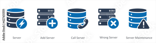 A set of 5 Internet icons as server, add server, call server