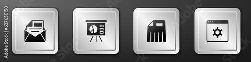 Set Mail and e-mail, Board with graph, Paper shredder and Browser setting icon. Silver square button. Vector