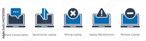 A set of 5 Internet icons as oline conversation, synchronize laptop, wrong laptop