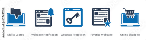 A set of 5 Internet icons as dislike laptop, webpage notification, webpage protection