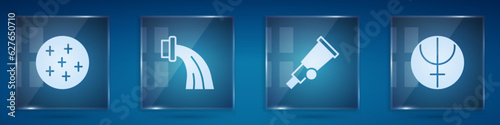 Set Full moon, Aquarius zodiac, Telescope and Neptune planet. Square glass panels. Vector