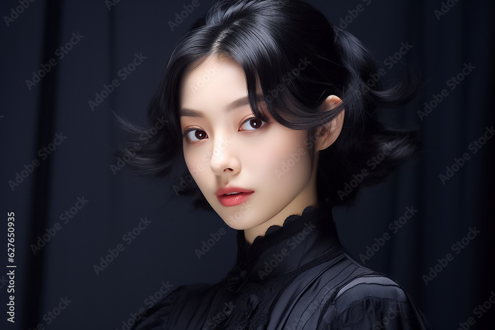 an exquisite black gown, the young Asian woman exudes elegance and luxury, epitomizing a contemporary fashion style with a dark mood and tone. Generative AI.