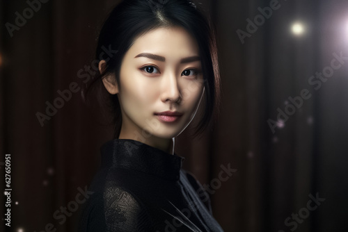 an exquisite black gown, the young Asian woman exudes elegance and luxury, epitomizing a contemporary fashion style with a dark mood and tone. Generative AI.