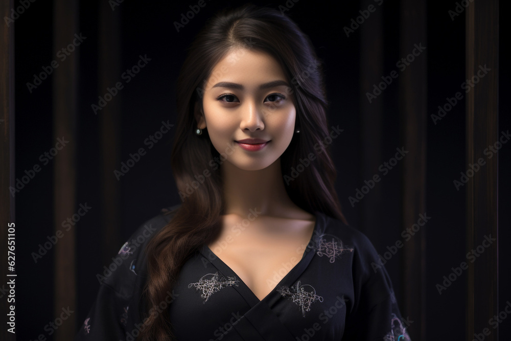an exquisite black gown, the young Asian woman exudes elegance and luxury, epitomizing a contemporary fashion style with a dark mood and tone. Generative AI. an exquisite black gown, the young Asian woman exudes elegance and luxury, epitomizing a contemporary fashion style with a dark mood and tone. Generative AI.