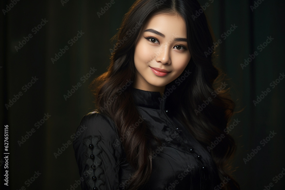 an exquisite black gown, the young Asian woman exudes elegance and luxury, epitomizing a contemporary fashion style with a dark mood and tone. Generative AI.