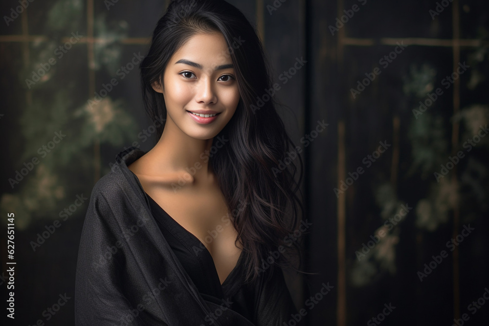 Fototapeta premium an exquisite black gown, the young Asian woman exudes elegance and luxury, epitomizing a contemporary fashion style with a dark mood and tone. Generative AI.