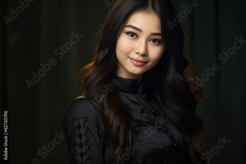 an exquisite black gown, the young Asian woman exudes elegance and luxury, epitomizing a contemporary fashion style with a dark mood and tone. Generative AI. © Surachetsh