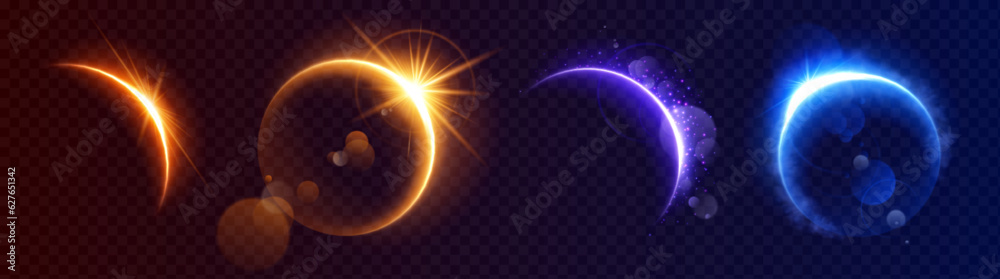 Moon eclipse light flare horizon space background. Abstract sunrise ring sparkle on earth planet design set. Gold, blue and purple crescent orbit edge glow with magic realistic cloud smoke shine. - obrazy, fototapety, plakaty 