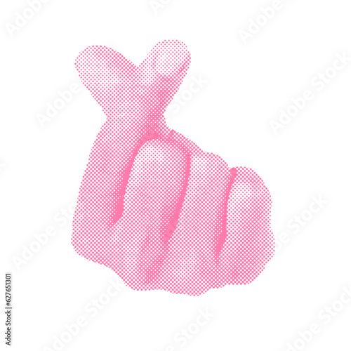 Korean heart finger gesture in trendy halftone style in neon pink color. Magazine collage element, k-heart vectror trendy drawing for print and posters.