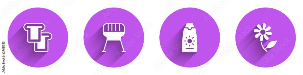 Set Bread toast, Barbecue grill, Sunscreen cream in tube and Flower icon with long shadow. Vector Set Bread toast, Barbecue grill, Sunscreen cream in tube and Flower icon with long shadow. Vector