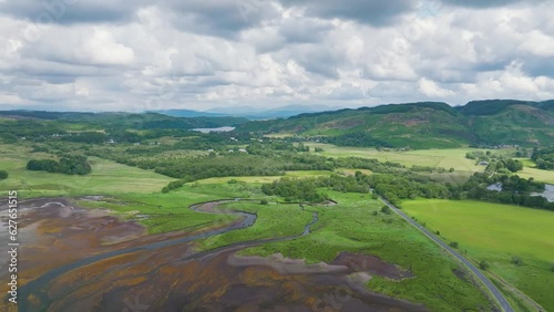 Loch Feochan and Feochan Bheag River from a drone, Feochan Glen, Oban, Argyll and Bute, West Highlands, Scotland  photo