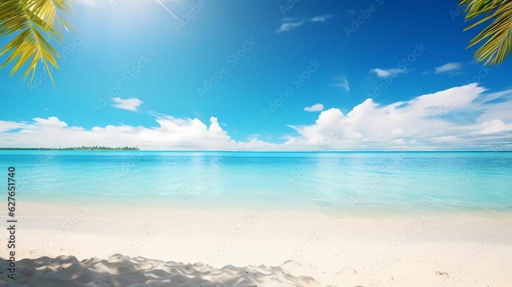 Beautiful beach with white sand, blue sky and small waves