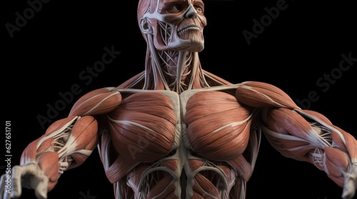 Anatomical structure of muscular system of human body, dark background. AI generated.