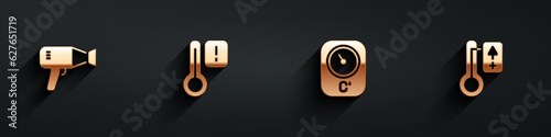 Set Hair dryer, Sauna thermometer, and icon with long shadow. Vector