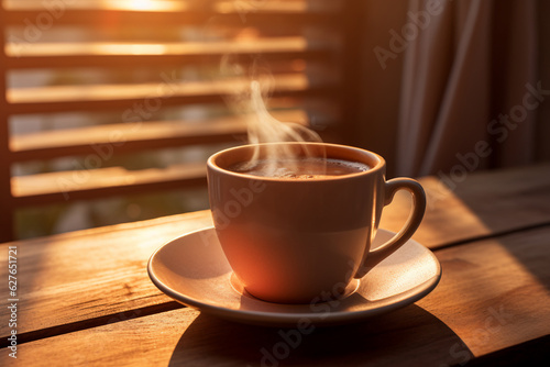 Coffee cup on the table in the morning light with copy space