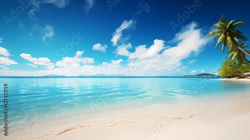 Beautiful beach with white sand, blue sky and small waves