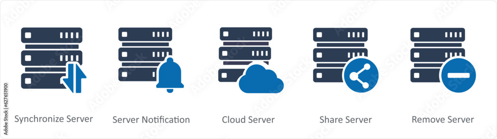 A set of 5 Internet icons as synchronize server, server notification, cloud server A set of 5 Internet icons as synchronize server, server notification, cloud server