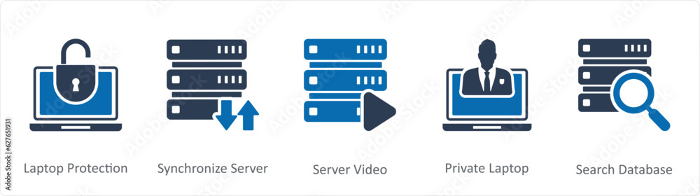 A set of 5 Internet icons as laptop protection, synchronize server, server video A set of 5 Internet icons as laptop protection, synchronize server, server video
