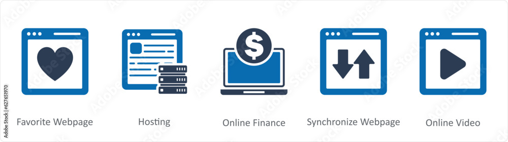 A set of 5 Internet icons as favorite webpage, hosting, online finance A set of 5 Internet icons as favorite webpage, hosting, online finance