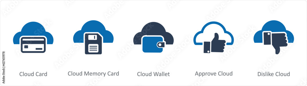 A set of 5 Internet icons as cloud card, cloud memory card, cloud wallet A set of 5 Internet icons as cloud card, cloud memory card, cloud wallet