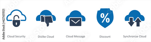 A set of 5 Internet icons as cloud security, dislike cloud, cloud message