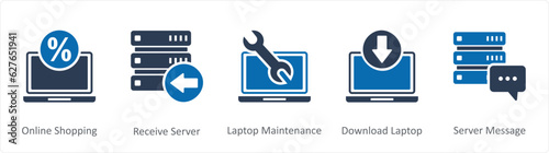 A set of 5 Internet icons as online shopping, receive server, laptop maintenance