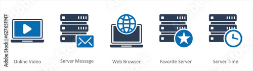 A set of 5 Internet icons as online video, server message, web browser