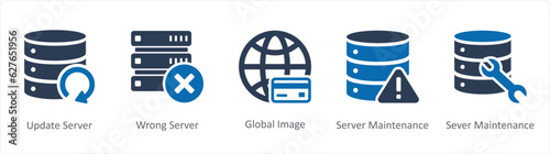 A set of 5 Internet icons as update server, wrong server, global image
