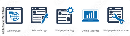 A set of 5 Internet icons as web browser, edit webpage, webpage settings