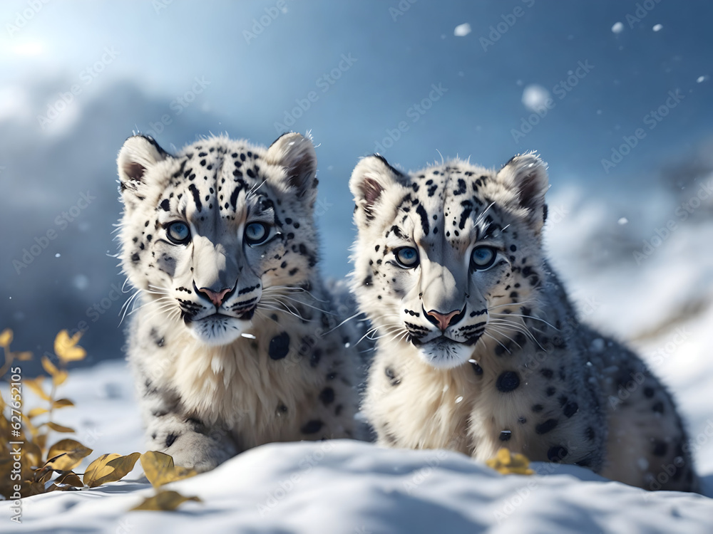 Fototapeta premium two small cute snow leopards with bluish eyes, generative AI 