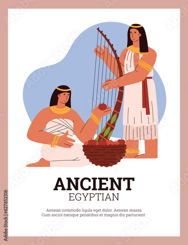 Ancient egyptian woman in national white dresses and gold jewelry with red apple, musician plays the harp, vector poster