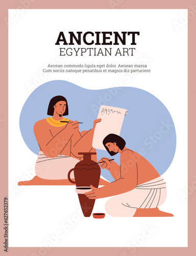 Egyptian men in national white dresses writing letter and painting an earthen jar, ancient education art vector poster