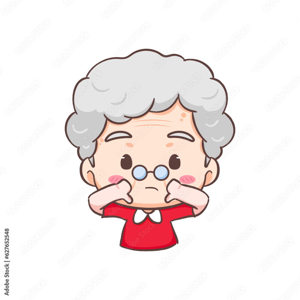 Cute Grand mother showing thumb down gesture cartoon character. People expression concept design. Isolated background. Vector art illustration. Cute Grand mother showing thumb down gesture cartoon character. People expression concept design. Isolated background. Vector art illustration.