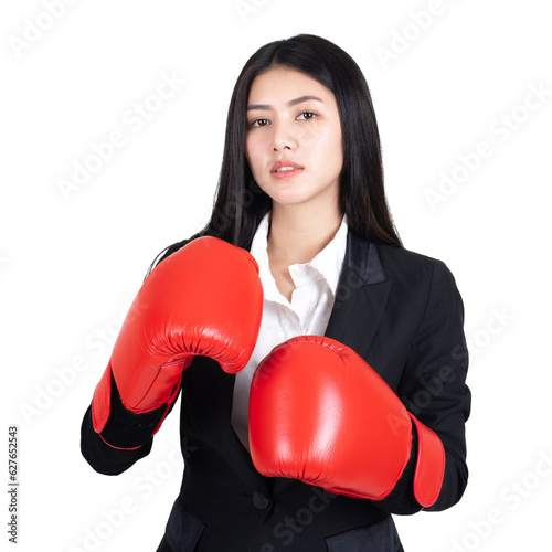 beautiful Asian business young woman  Wearing a boxing glove in hand and business suit , Winning success business woman concept isolated on a transparent background