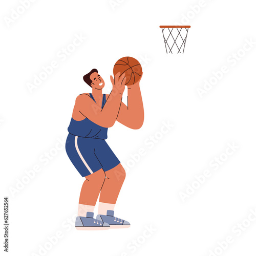 Basketball player man little sat down to throw the ball into the ring, aim, cartoon sport vector isolated illustration
