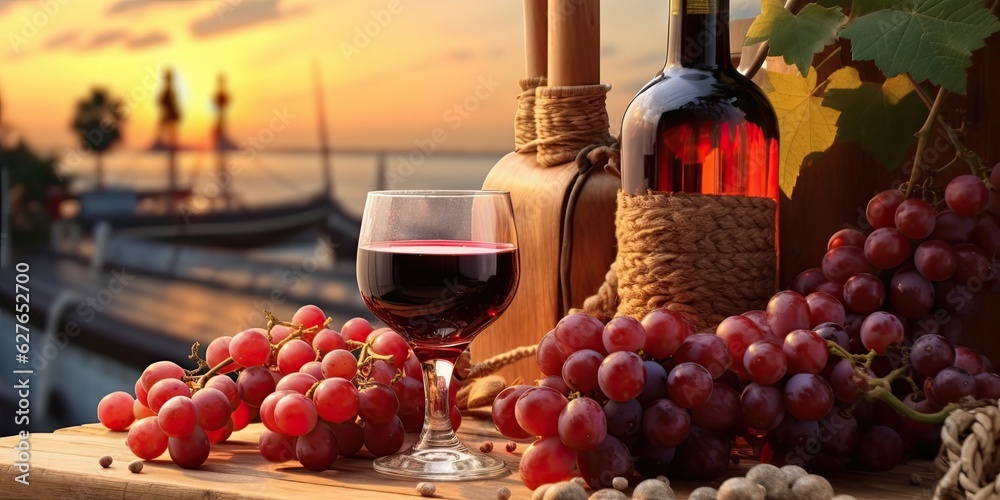 Red Wine Bottle on Wooden Table: Vintage Alcoholic Drink for Celebration and Collection blur background