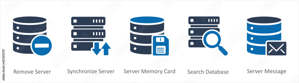 A set of 5 Internet icons as remove server, synchronize server, server memory card A set of 5 Internet icons as remove server, synchronize server, server memory card