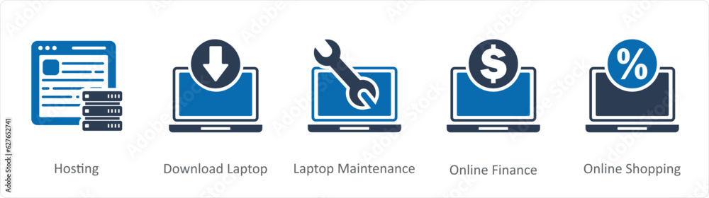 A set of 5 Internet icons as hosting, download laptop, laptop maintenance A set of 5 Internet icons as hosting, download laptop, laptop maintenance