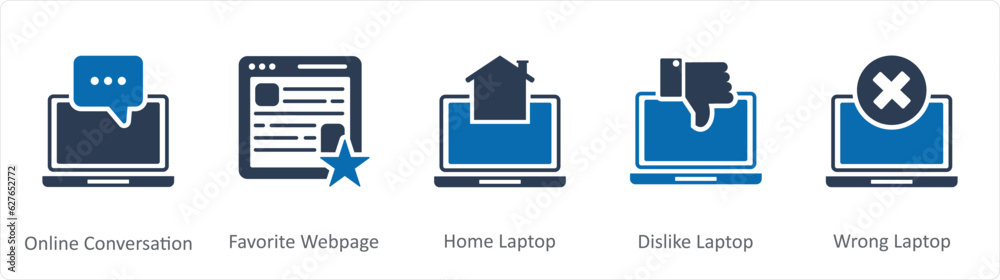 A set of 5 Internet icons as online conversation, favorite webpage, home laptop