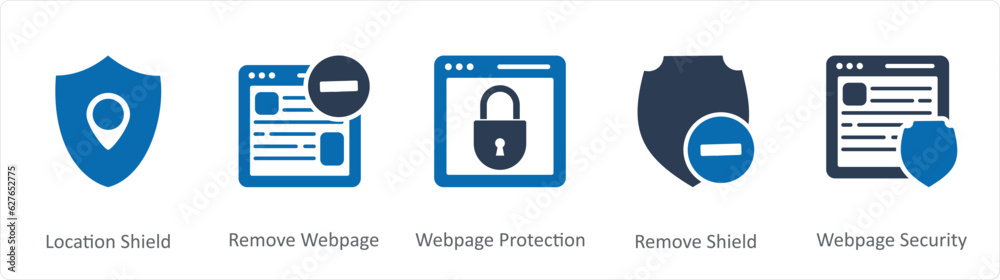A set of 5 Internet icons as location, shield, remove webpage, webpage protection A set of 5 Internet icons as location, shield, remove webpage, webpage protection