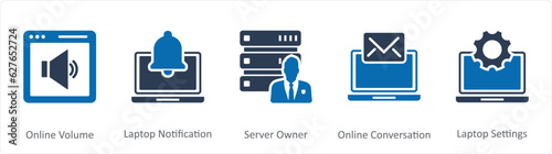 A set of 5 Internet icons as online volume, laptop notification, server owner