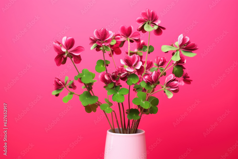 Bouquet of red clover on pink background with copy space for text